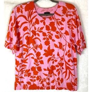 Talbots Pink Red Floral Cotton Short Sleeve Preppy Pullover Sweater Women L